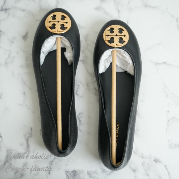 NIB Tory Burch Signature Logo Classic Chelsea Ballet Flat in Black/Gold - Picture 8 of 9